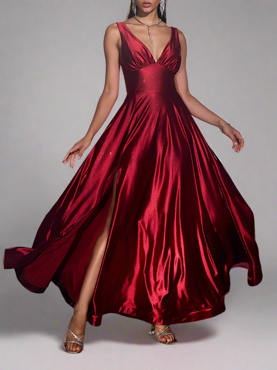 Elegant Dress Silver Banquet Party Sling Deep V Swing Red Dress