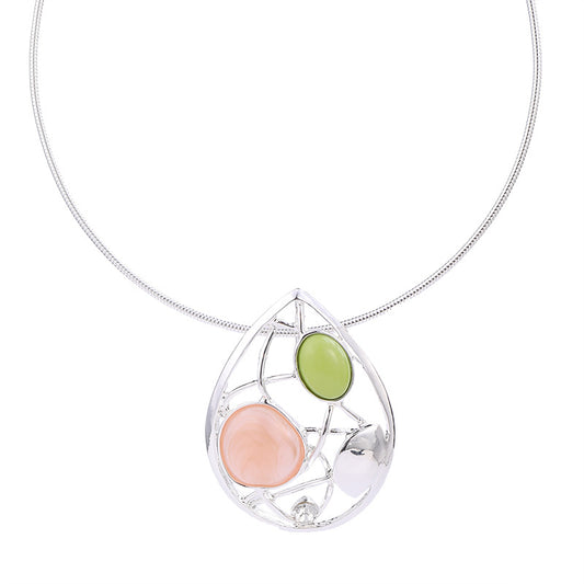 Elegant Silver Statement Necklace – Abstract Teardrop Pendant with Gemstones