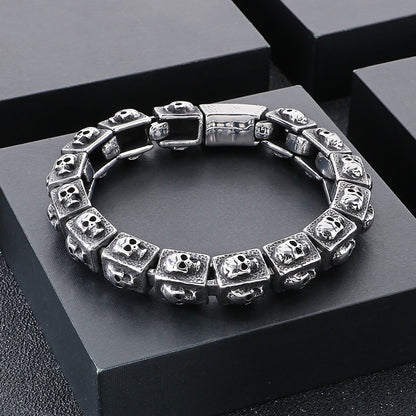 Heavy-Duty Men's Biker Skull Bracelet - Silver & Black Two-Tone Stainless Steel, Perfect for Heavy Moto Bikers