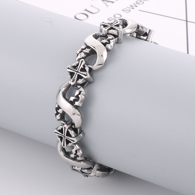 Men’s Infinity Number 8 Bracelet | Textured Circle & Cross Link Chain in Stainless Steel