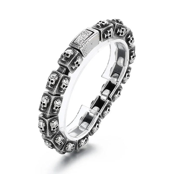 Heavy-Duty Men's Biker Skull Bracelet - Silver & Black Two-Tone Polished Stainless Steel