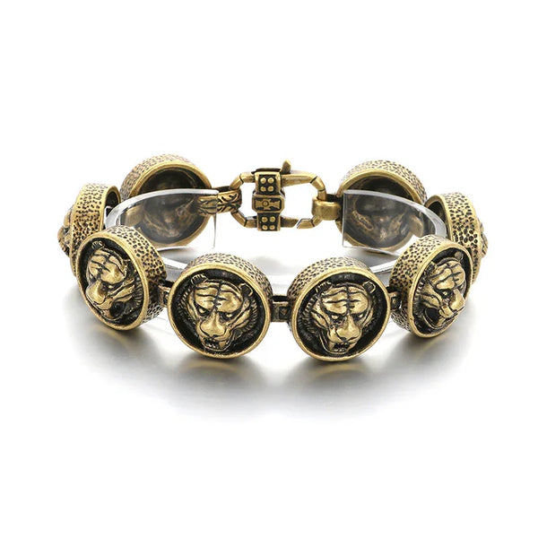 Bold Roman Tiger Head Bracelet for Men – Distressed Gold Titanium Steel Design