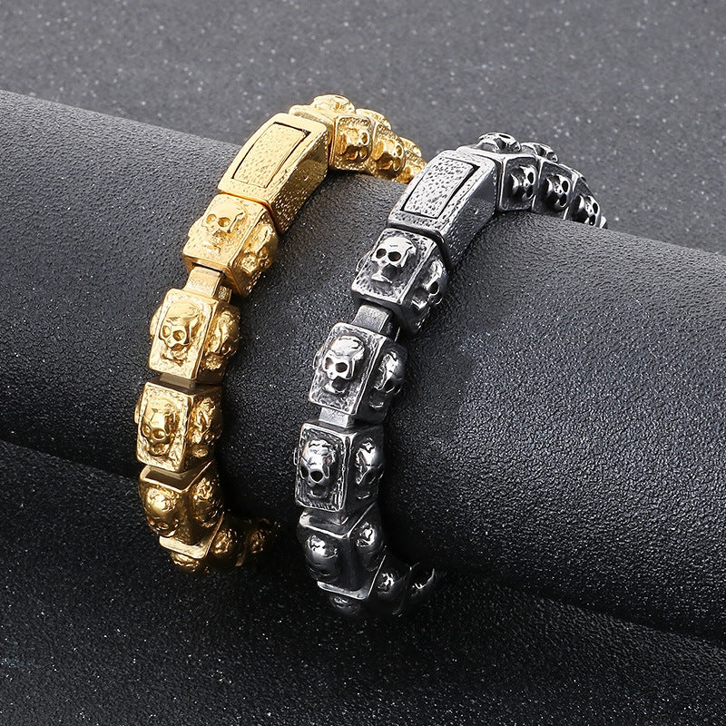 Heavy-Duty Men's Biker Skull Bracelet - Silver & Black Two-Tone Stainless Steel, Perfect for Heavy Moto Bikers