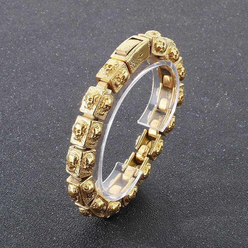 Heavy-Duty Men's Biker Skull Bracelet - Silver & Black Two-Tone Stainless Steel, Perfect for Heavy Moto Bikers