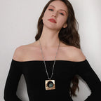 Gold Geometric Pendant Necklace with Silver Beaded Double Chain