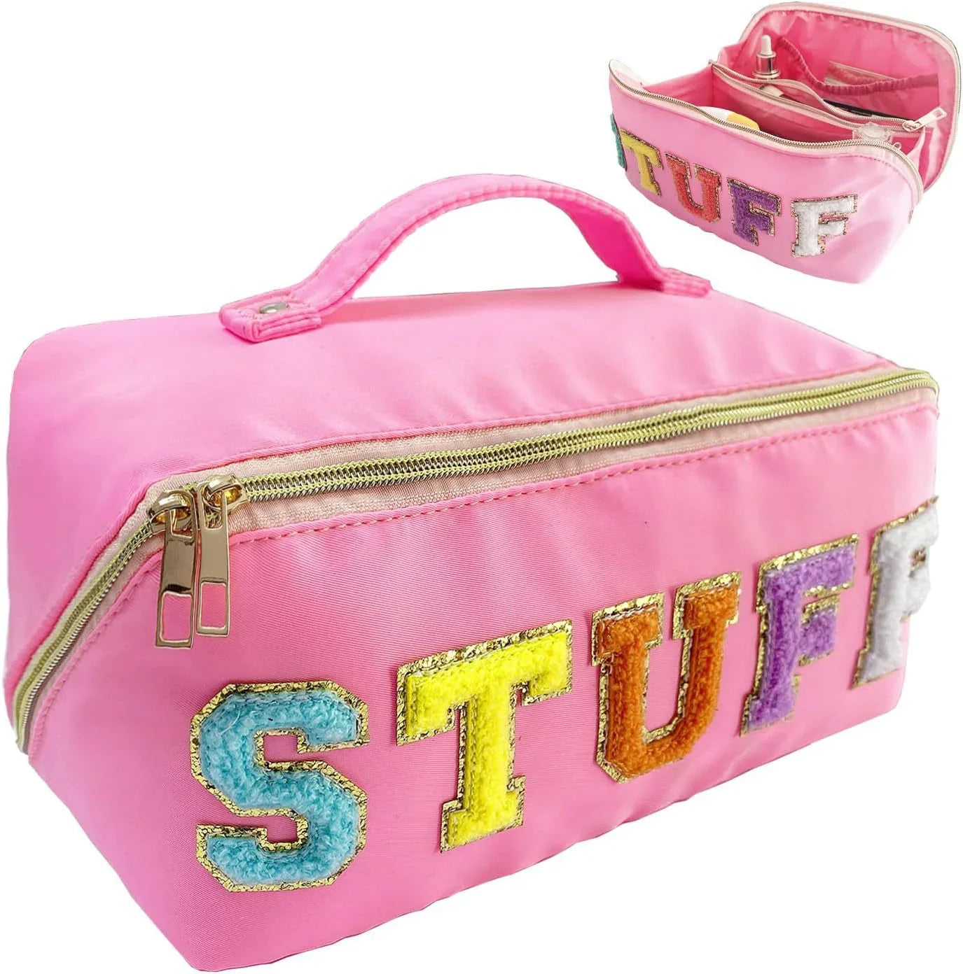 Travel Makeup Bag,Large Capacity Cosmetic Bags for Women,Waterproof Portable Pouch Open Flat Toiletry Bag Make up Organizer with Divider and Handle (pink, Large)) - CIVIBUY