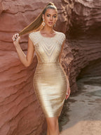 Absolute Queen Gold Metallic Bandage Midi Dress - CIVIBUY