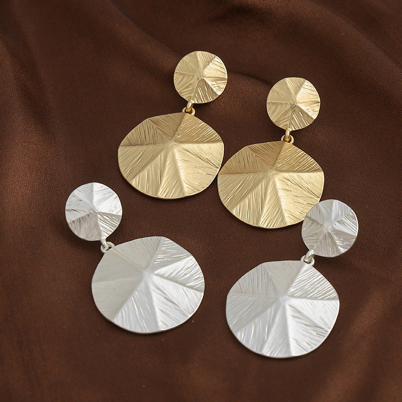 Gold Tone Textured Disc Drop Earrings - Fold Pattern Dangle Earrings for Women - CIVIBUY