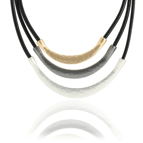 silver Beaded Leather Multi-Strand Bib Collar Necklace Everyday Silver & Leather Necklace