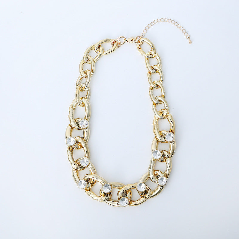 Gold Chunky Hammered Link Chain Sparkly Necklace - CIVIBUY