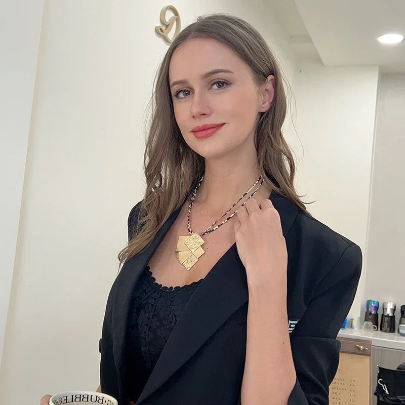 Women Chain Necklace Gold Plated Rectangular Pendant Necklace Mountain Card - CIVIBUY