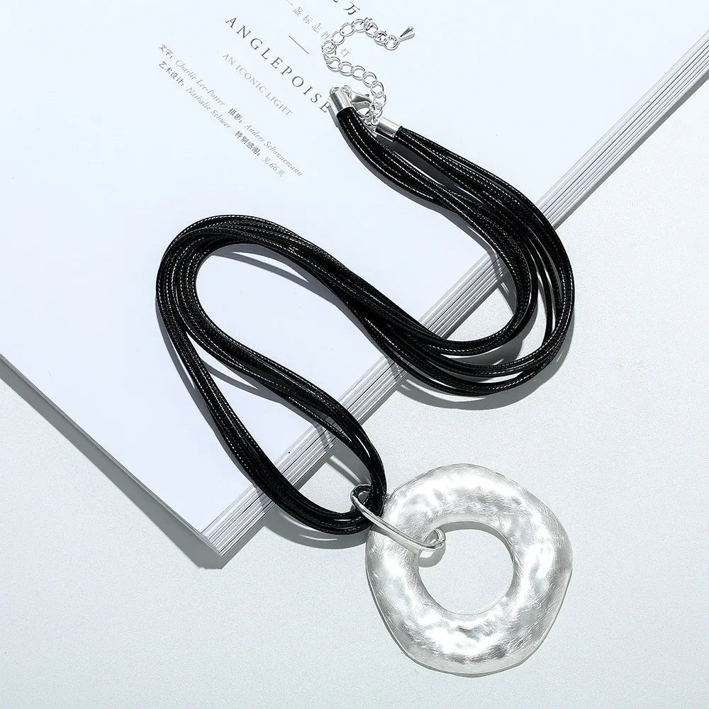 Vintage 17" Necklace Sterling Silver 925 Black Leather With silver Circle - CIVIBUY