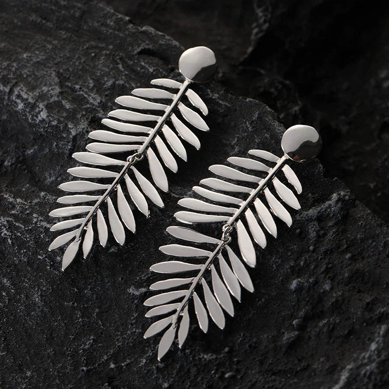 Large Silver Statement Earrings Silver Fern Earrings for Women - CIVIBUY