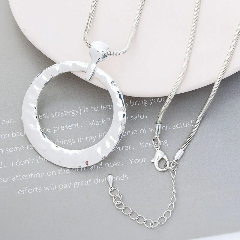 Long pendent Necklace Women silve Circle Pendant Punk Necklace Collar - CIVIBUY