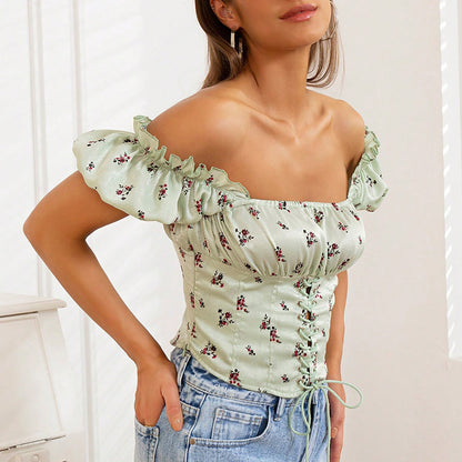 Floral Print Ruched Bust Frill Trim Tie Front Crop green Top - CIVIBUY