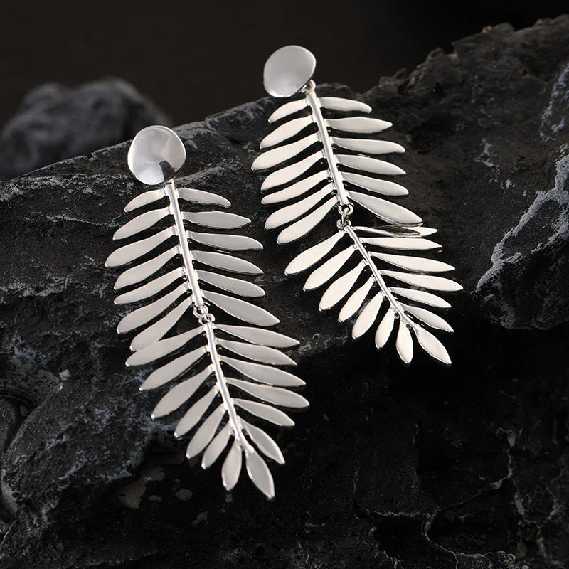 Large Silver Statement Earrings Silver Fern Earrings for Women - CIVIBUY