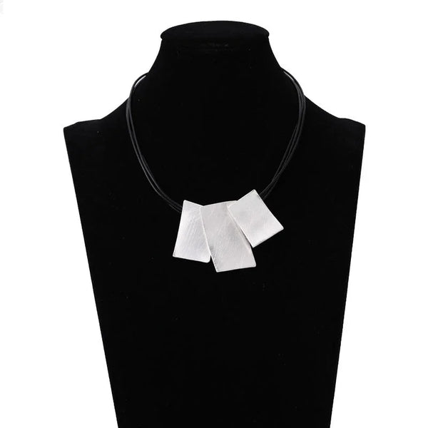 Geometric Matte Silver Leather Necklace