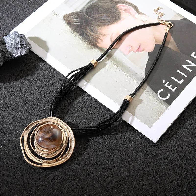 Gold Adjustable Cord Stone Gold Pendant Necklace - CIVIBUY