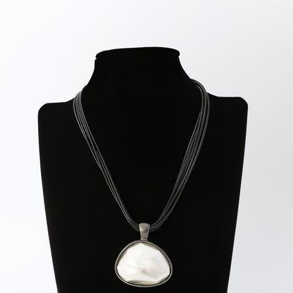 Pewter Tone Pendant Necklace Leather Cord Rhinestone - CIVIBUY