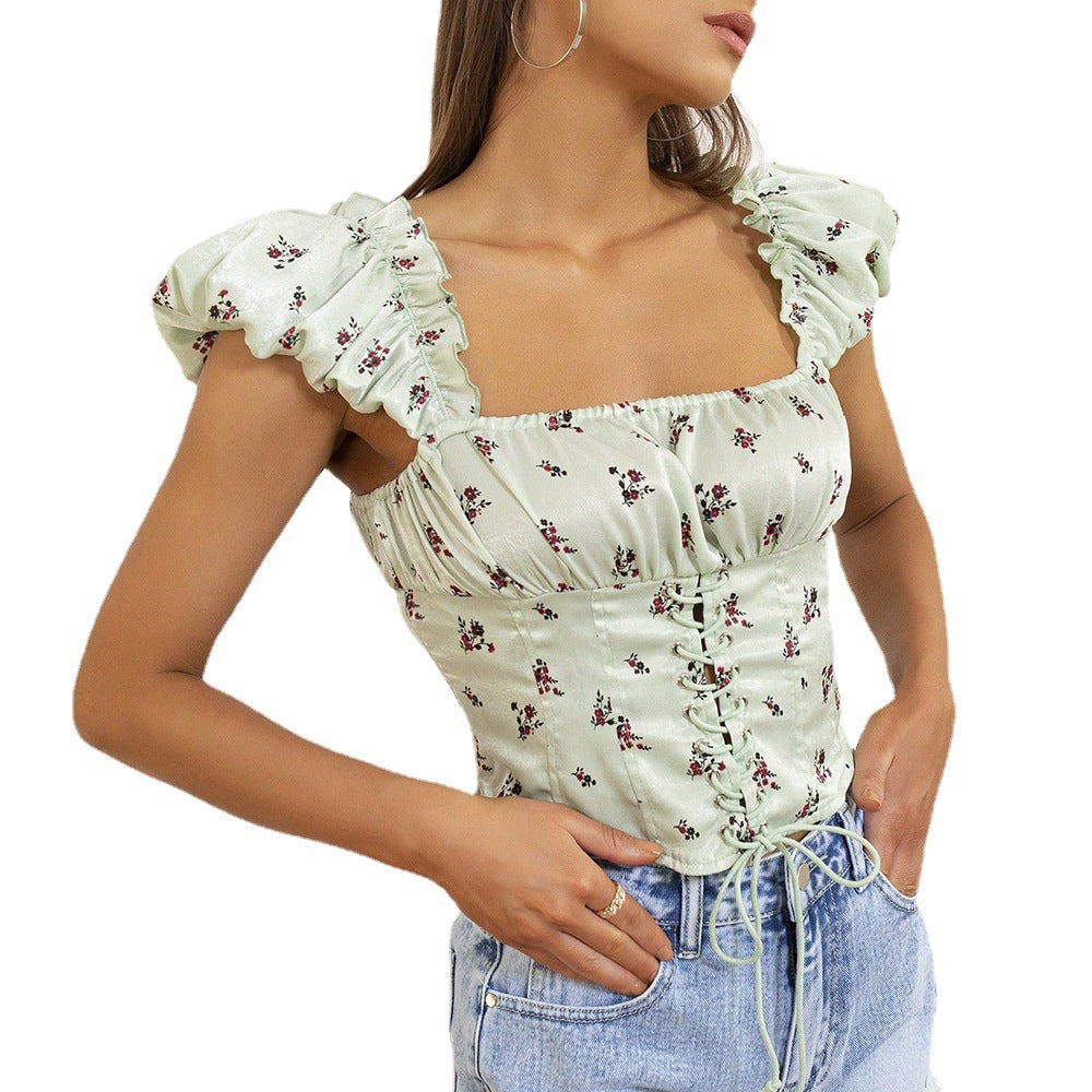 Floral Print Ruched Bust Frill Trim Tie Front Crop green Top - CIVIBUY
