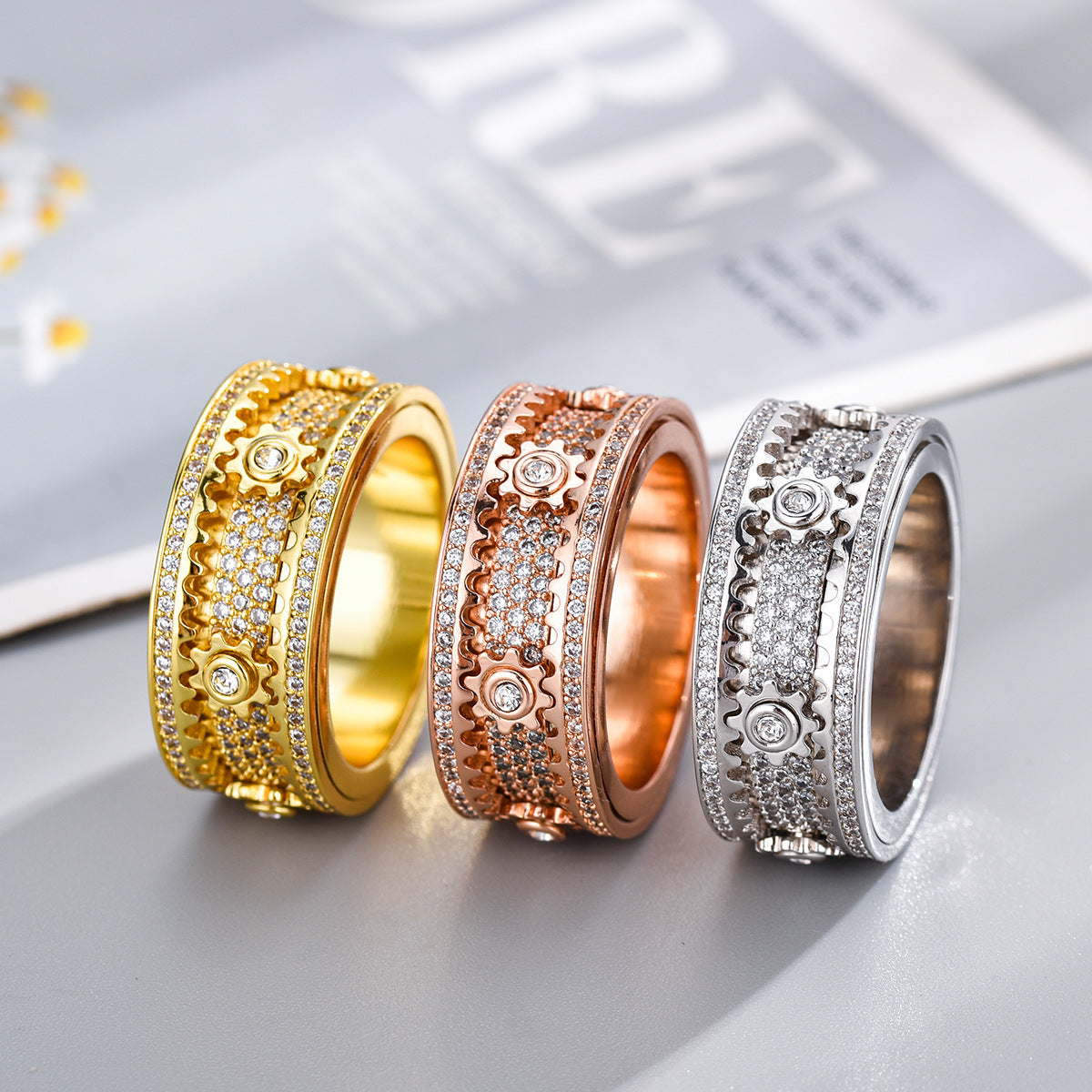 Spinner Ring Gold Plated Rhinestone CZ Wedding Engagement Band Ring for Men Women 8MM Spinner Ring - CIVIBUY