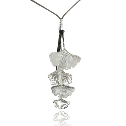 Rhodium plated sterling silver necklace with cascade of matt and shiny leaves - CIVIBUY
