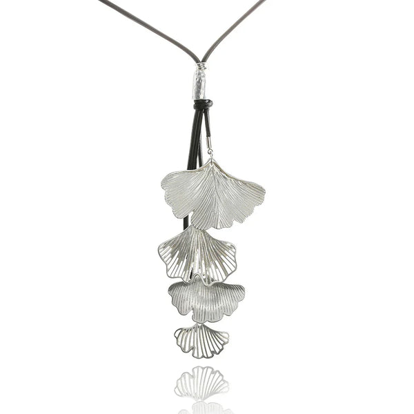 Rhodium plated sterling silver necklace with cascade of matt and shiny leaves