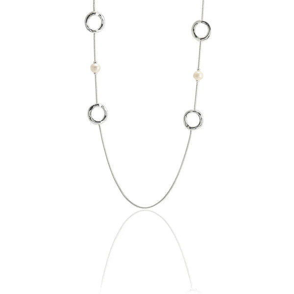 Long 32-inch Double Circle Link Necklace Rhodium on Sterling Silver