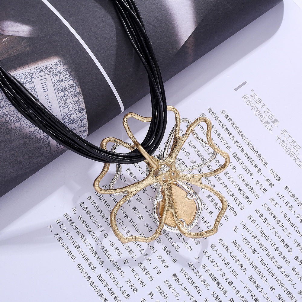 Leather Rope Statement Necklace Pearl Silver Gold Wire Flower Camellia Charm - CIVIBUY