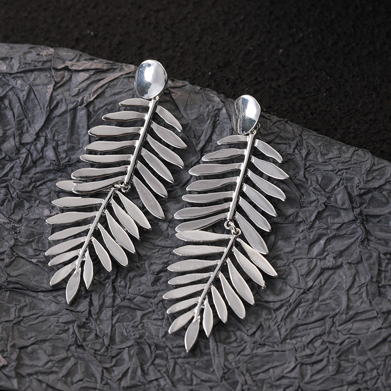 Large Silver Statement Earrings Silver Fern Earrings for Women - CIVIBUY
