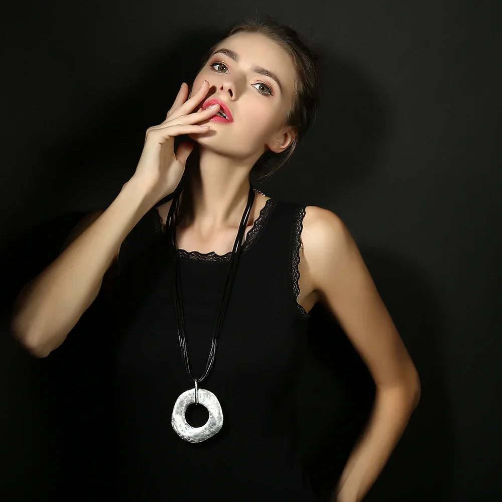 Vintage 17" Necklace Sterling Silver 925 Black Leather With silver Circle - CIVIBUY