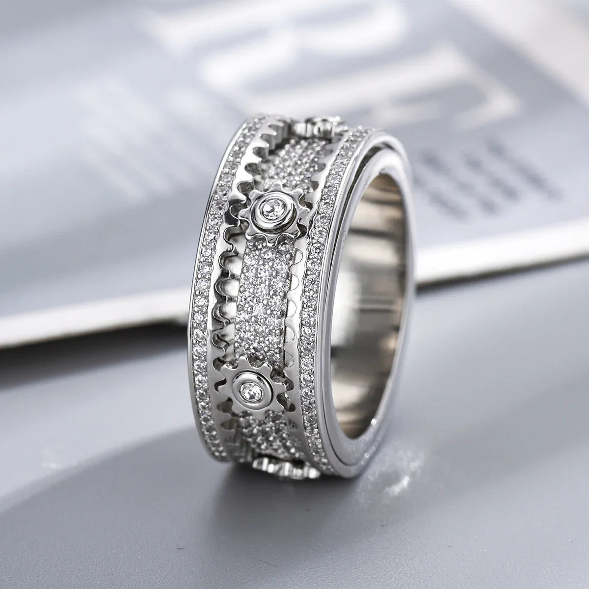 Spinner Ring Gold Plated Rhinestone CZ Wedding Engagement Band Ring for Men Women 8MM Spinner Ring - CIVIBUY