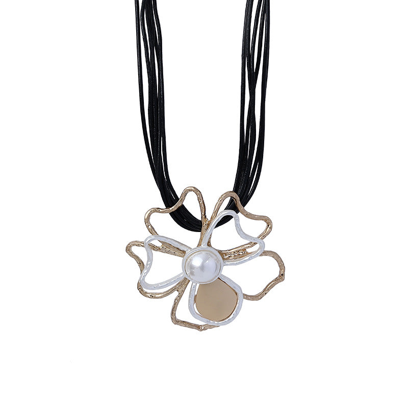 Leather Rope Statement Necklace Pearl Silver Gold Wire Flower Camellia Charm - CIVIBUY