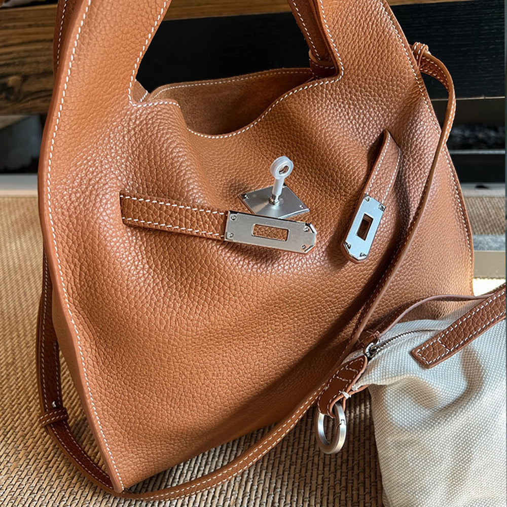 Heritage Grained Leather Hobo Bag with Signature Turn-Lock