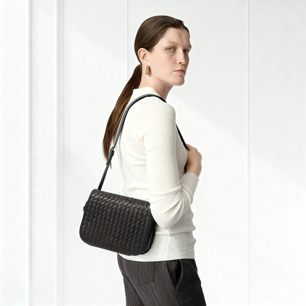 Woman carrying a black woven handbag against a white background