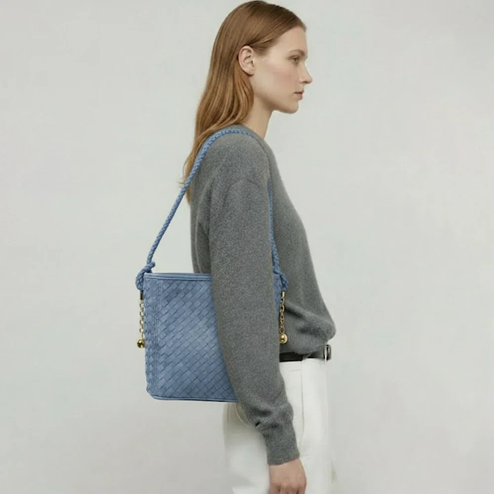 Elegant Woven Leather Bucket Bag – Chic Brown and Blue Tone Shoulder Tote for Women