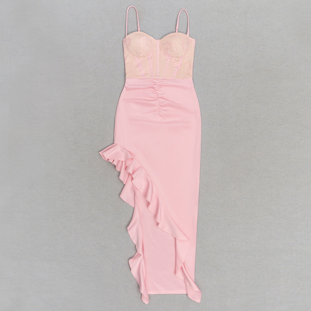 Contrast Lace Ruffled Ruffled Linen Dress - CIVIBUY