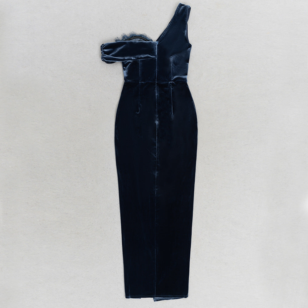 NAVY VELVET BARDOT NECK MAXI DRESS WITH SLIT CIVIBUY