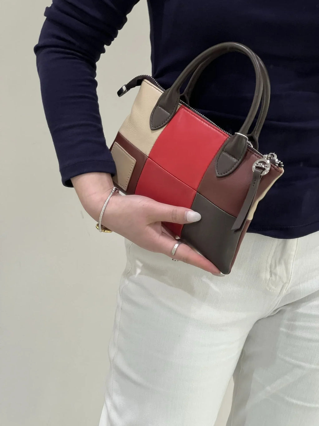 Red & Brown Colorblock Handbag – Mini Structured Shoulder Purse for Women 100% Calfskin Leather