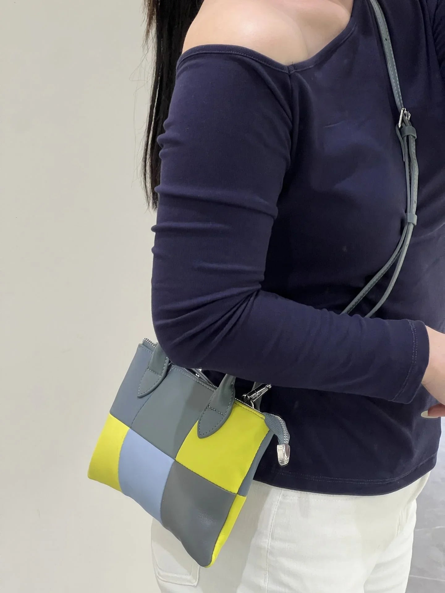 Geometric patchwork mini tote handbag for women