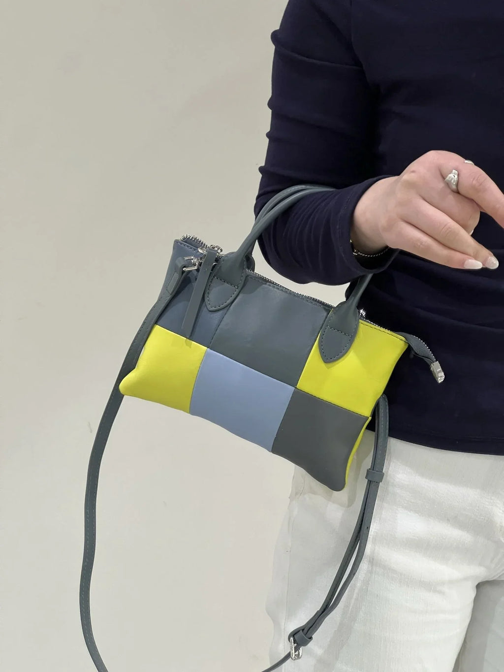 Geometric patchwork mini tote handbag for women