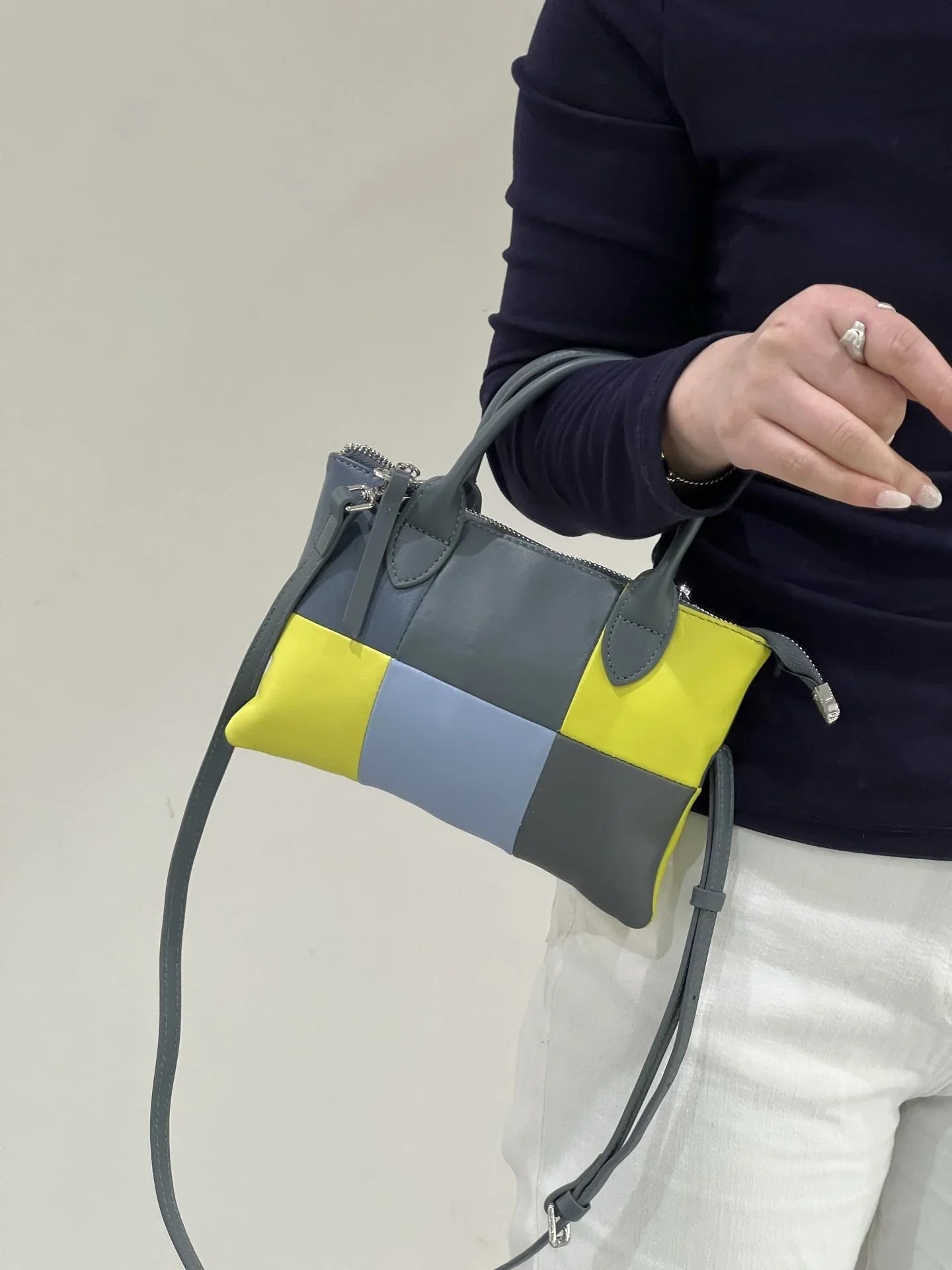 Geometric patchwork mini tote handbag for women