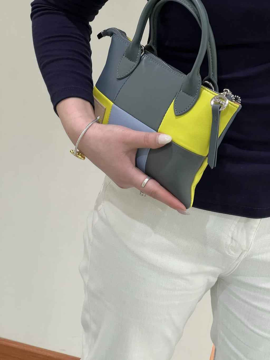 Red & Brown Colorblock Handbag – Mini Structured Shoulder Purse for Women 100% Calfskin Leather