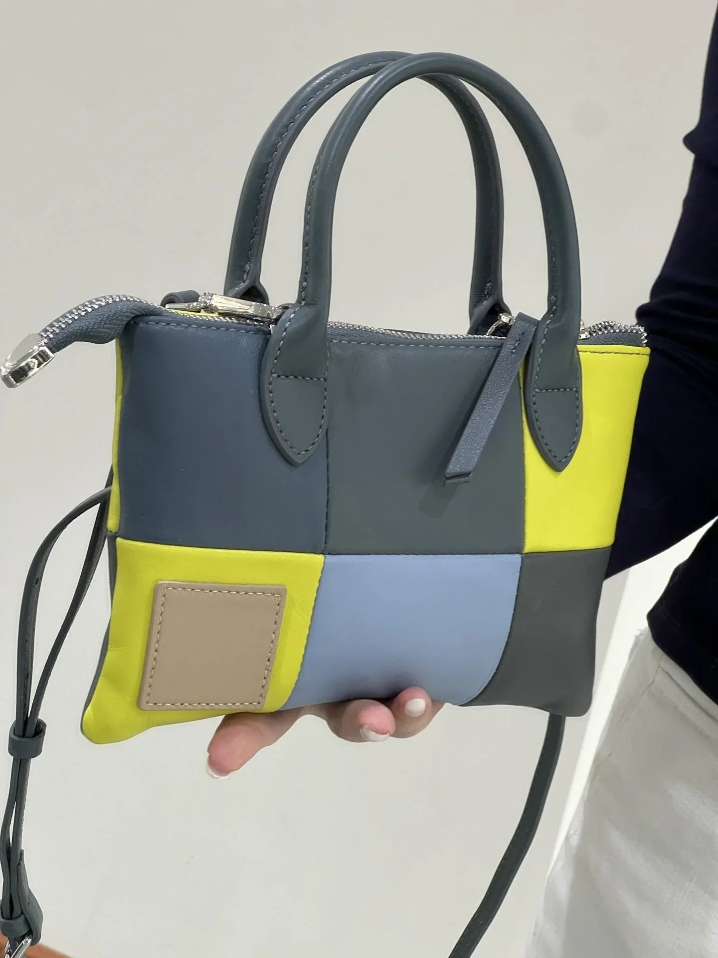 Red & Brown Colorblock Handbag – Mini Structured Shoulder Purse for Women 100% Calfskin Leather