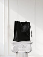 Minimalist Black Lamb Leather Tote Bag – Handmade in Italy, Unlined Vertical Shoulder Purse