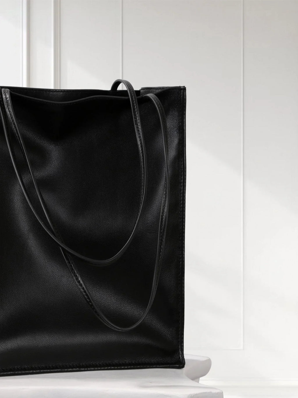 Minimalist Black Lamb Leather Tote Bag – Handmade in Italy, Unlined Vertical Shoulder Purse