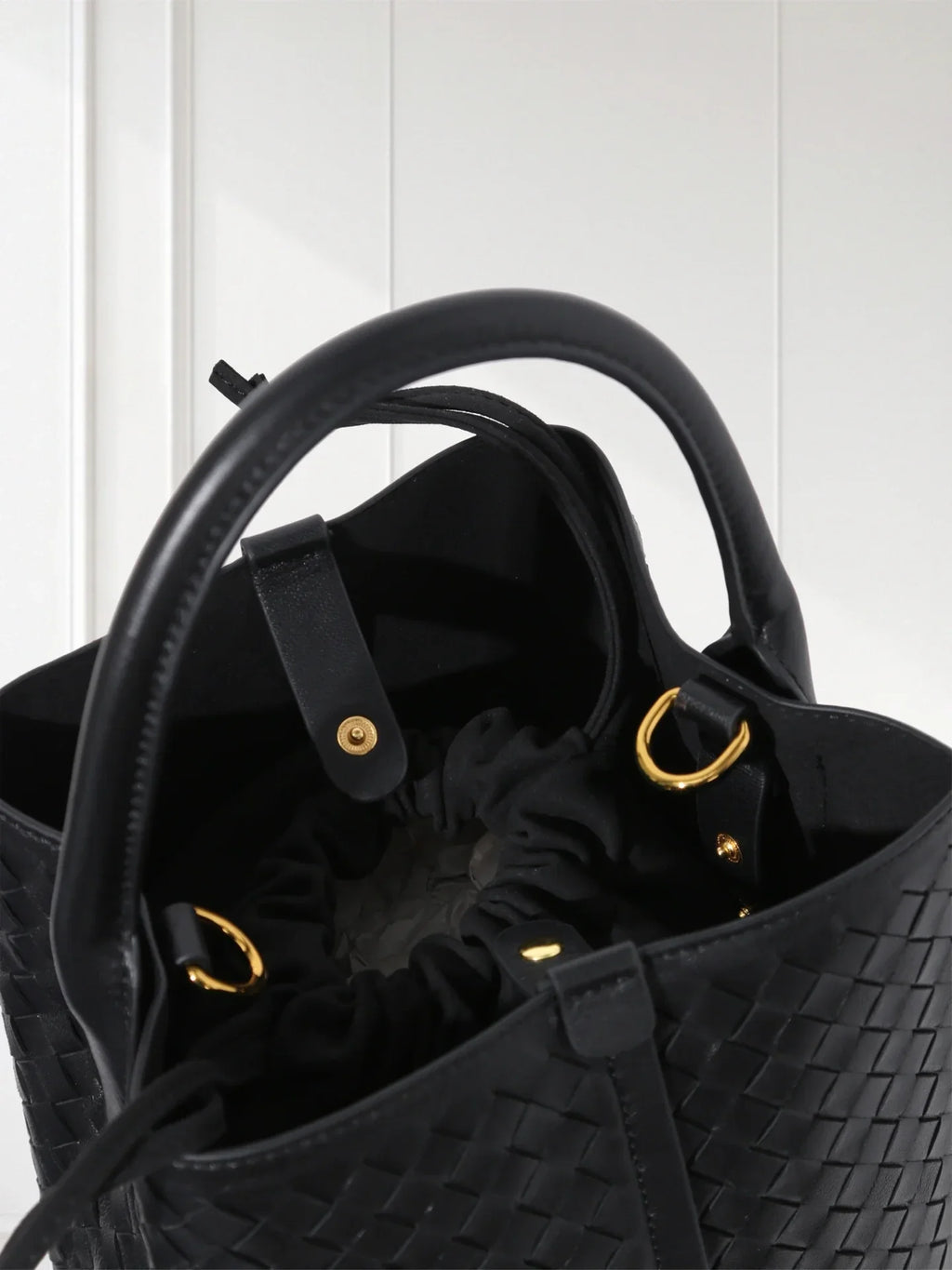 Minimalist beige woven leather handbag and pouch set for women on civibuy.com