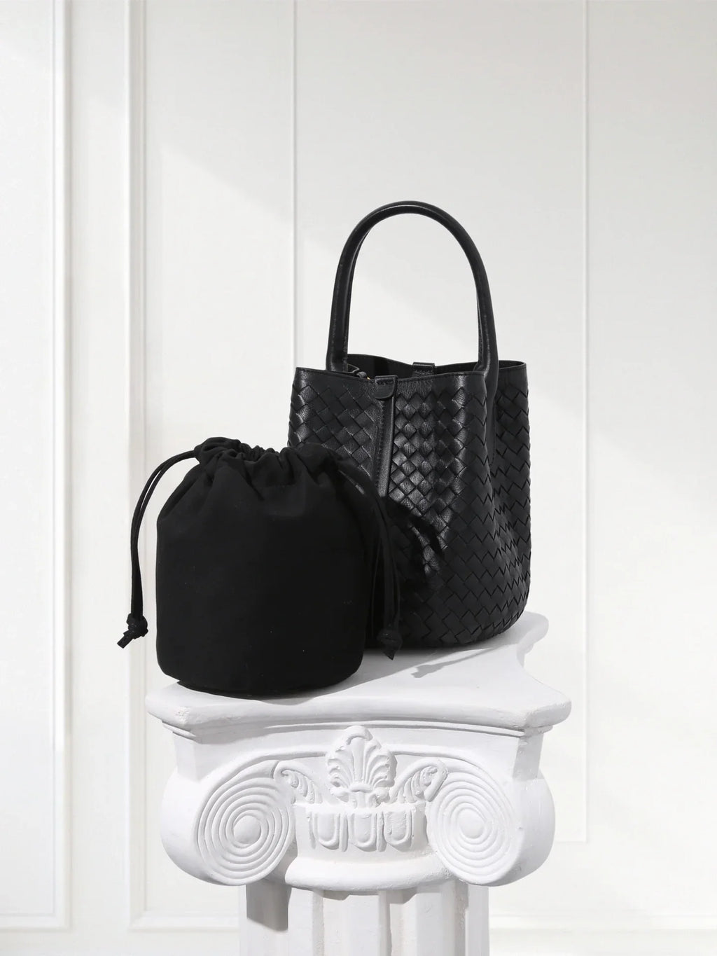 Minimalist beige woven leather handbag and pouch set for women on civibuy.com