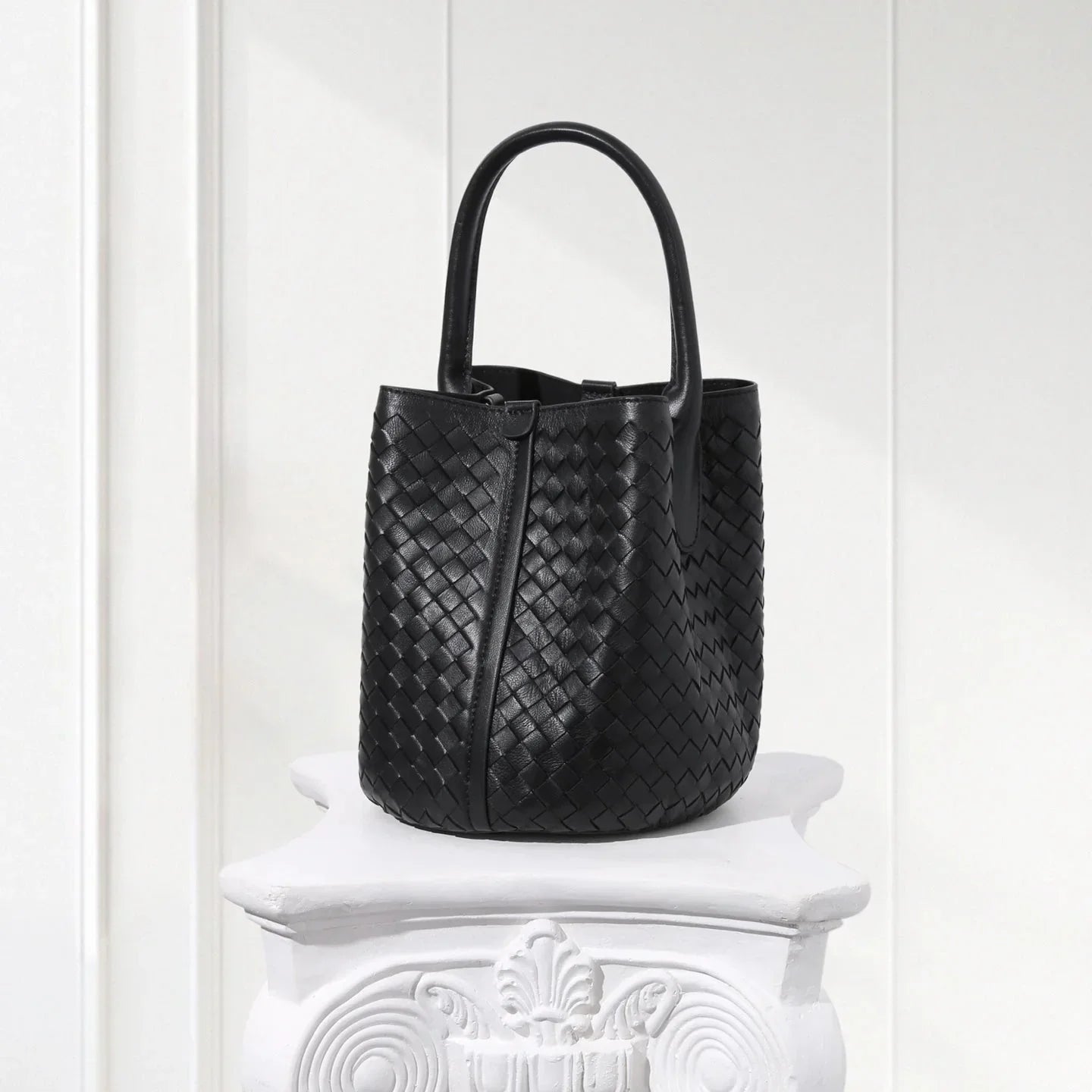 Minimalist beige woven leather handbag and pouch set for women on civibuy.com