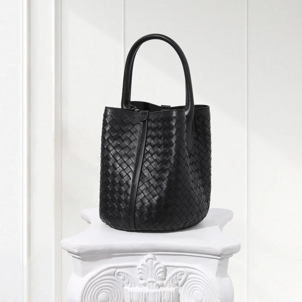 Designer Inspired Woven Leather Tote & Drawstring Pouch – Premium Women’s Bag, Black